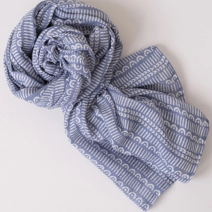 Hand block printed very soft scarf in a blue cloud color