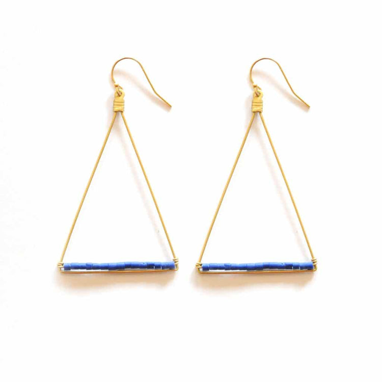 Beaded Triangle Earrings: Brass / Lapis