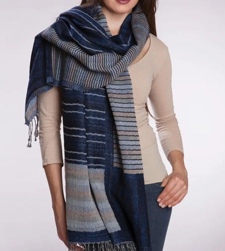 Kalya Wool & Cotton Shawl - Navy & Silver